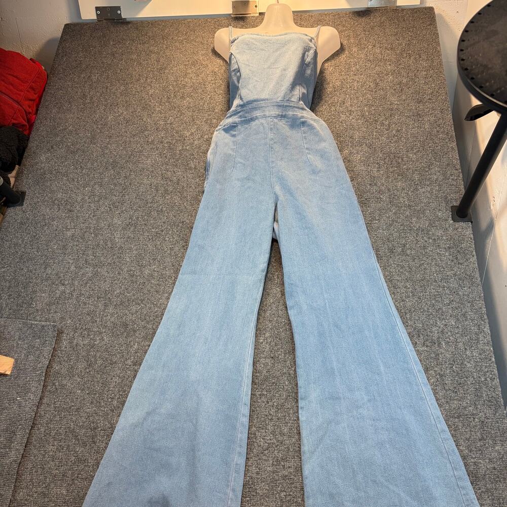 Ee:some Light Wash Denim Jumpsuit Size XS Strappy Back Wide Leg Overalls